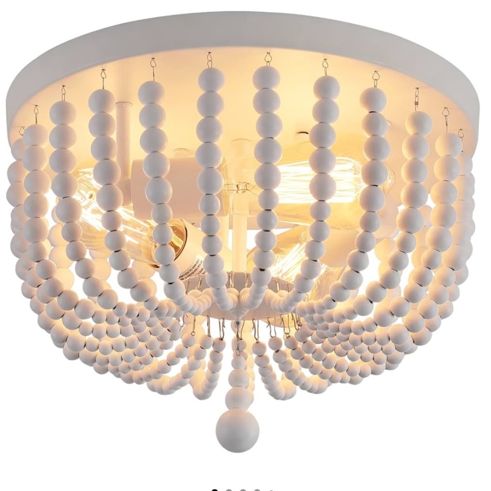 Light Fixture Ceiling Flush Mount White Wood Beaded Vintage Boho/Farm Style